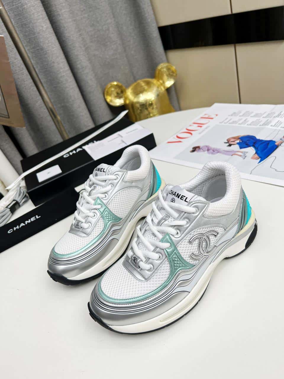 Chanel 23C Silver Metallic Cc Logo Lace Up Flat Runner Trainer Sneaker White Turquoise view 9