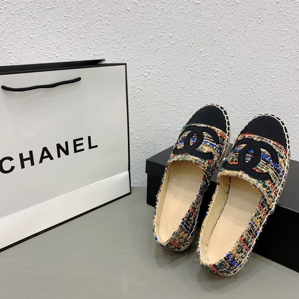 Chanel Tweed Grosgrain Cc Espadrilles Slip On Multicolor Black view 8