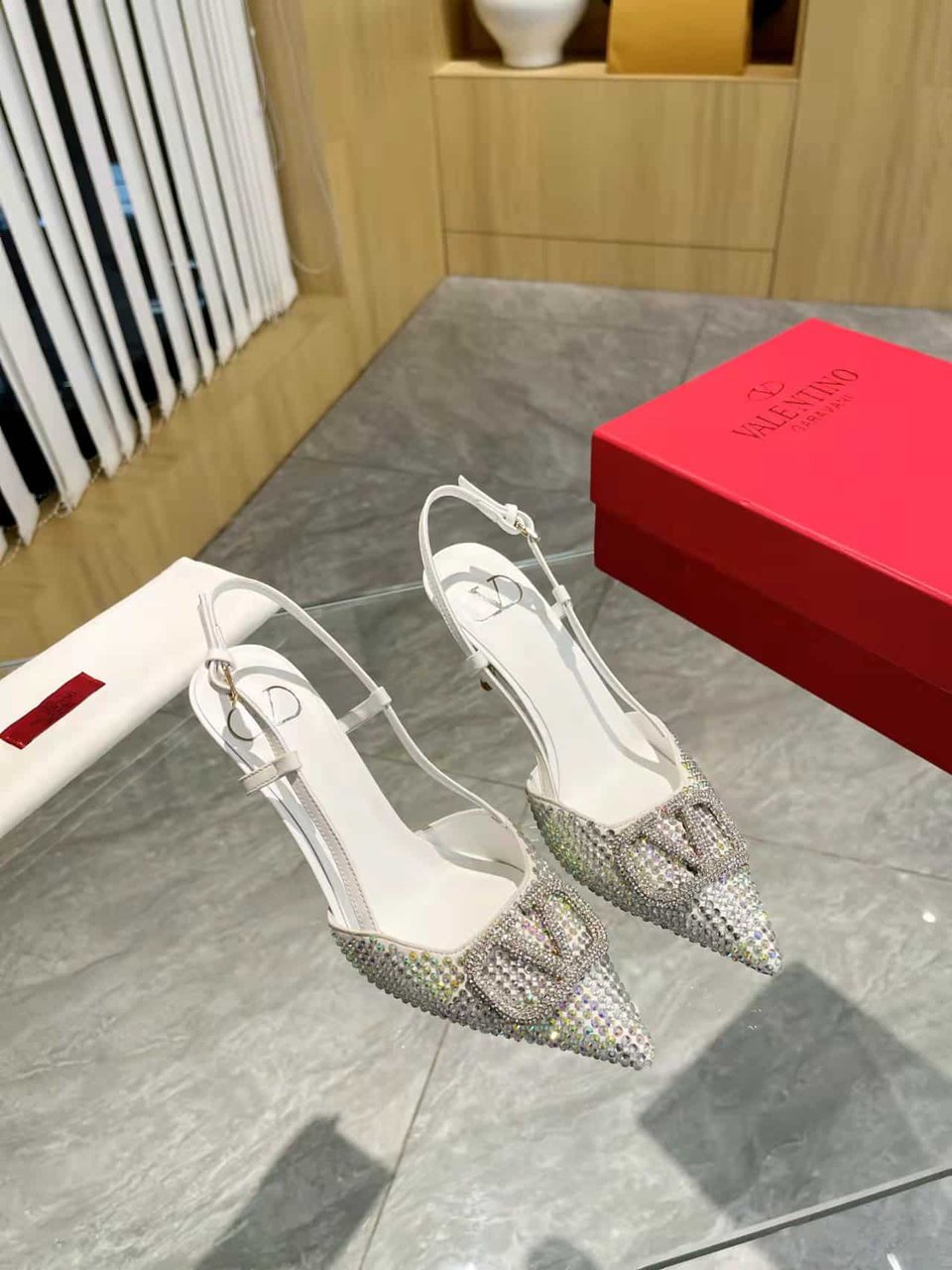 Valentino Vlogo Signature Back Strap Crystal High Heels White view 7