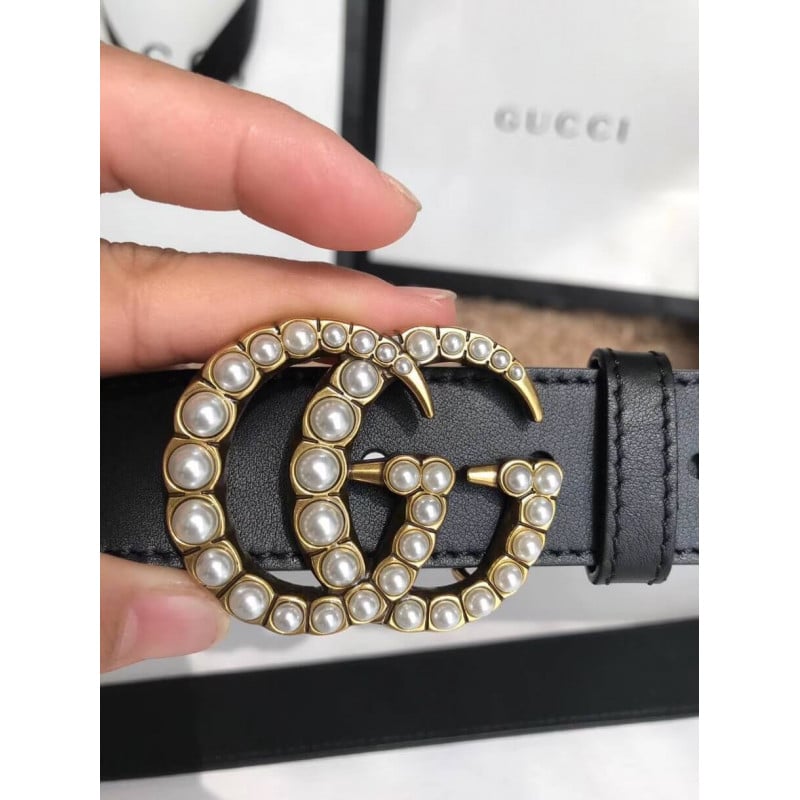 Gucci 30mm Leather Belt With Pearl Double G 453260 view 3