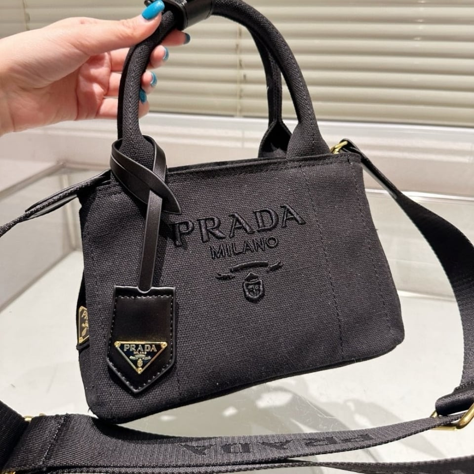 Prada Small Cotton Canvas Handbag Black 22Cm view 6