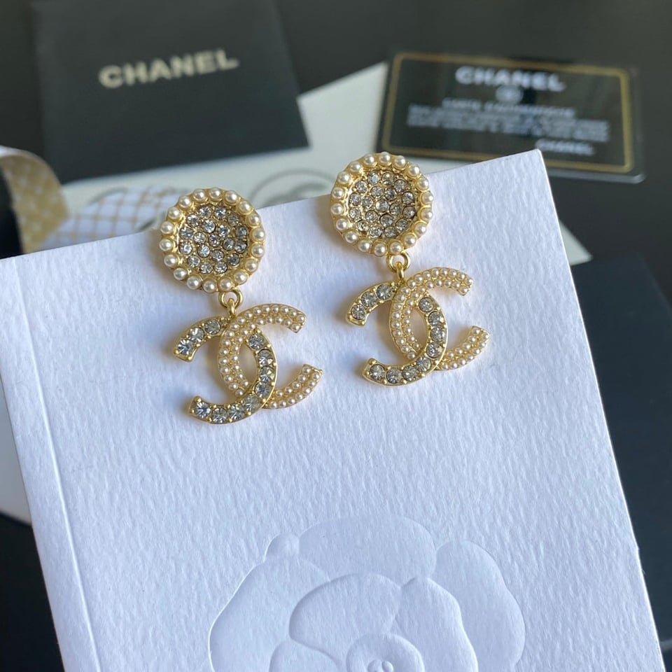 Chanel Crystal Pearl Cc Drop Earrings Gold