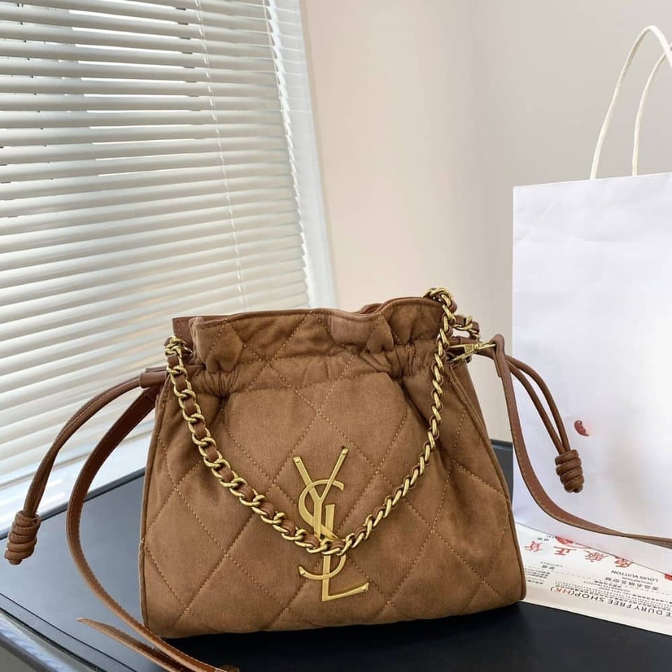 Saint Laurent Bucket Bag Quilted Suede Brown 29Cm view 3