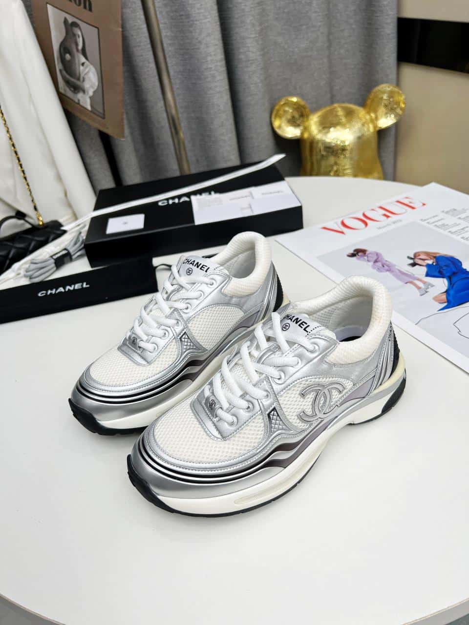 Chanel 23C Silver Metallic Cc Logo Lace Up Flat Runner Trainer Sneaker White G39792 Y56368 K5451 view 7