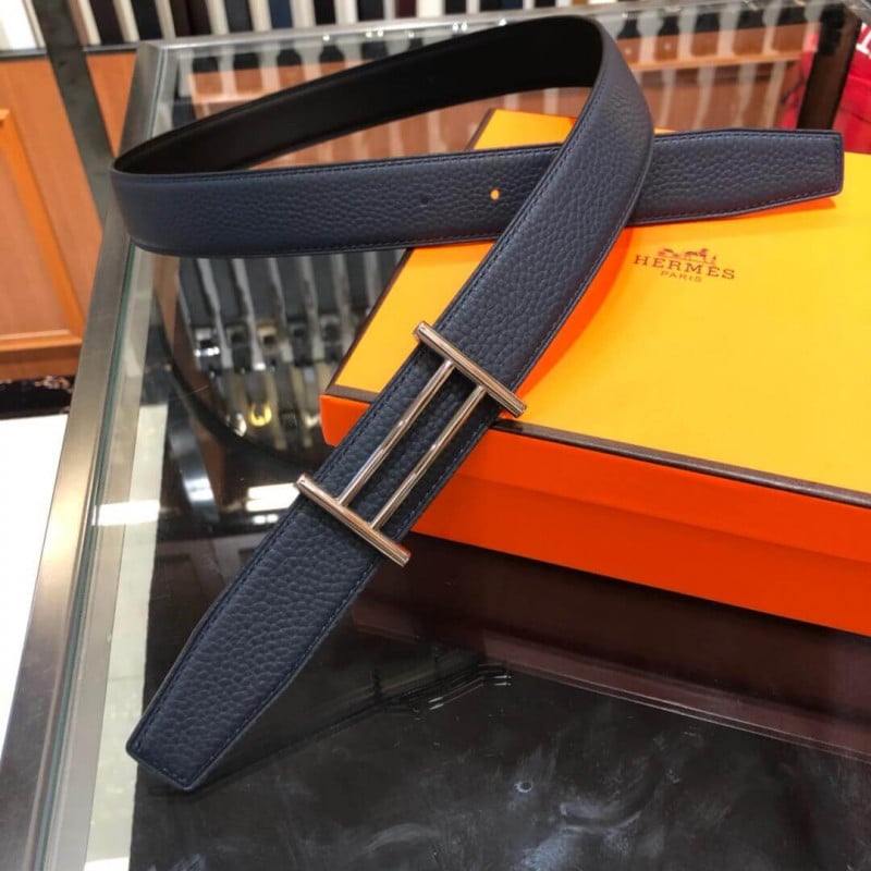 Hermes Rider Belt Buckle &amp; Reversible Leather Strap 32mm H075372 Navy Blue/Black