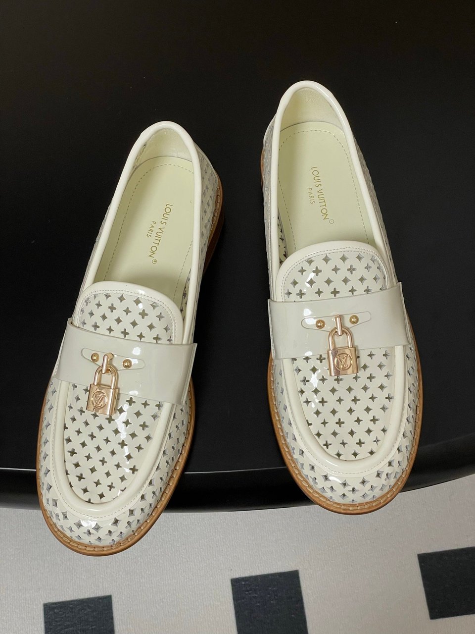 Louis Vuitton Chess Flat Loafer White Monogram Embroidered with Gold Padlock 1AGXRV view 5