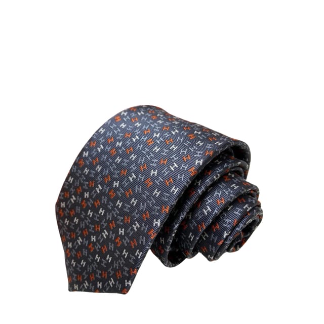 Hermes Dark Gray Multi-Colored H Pattern Canvas Tie For Men