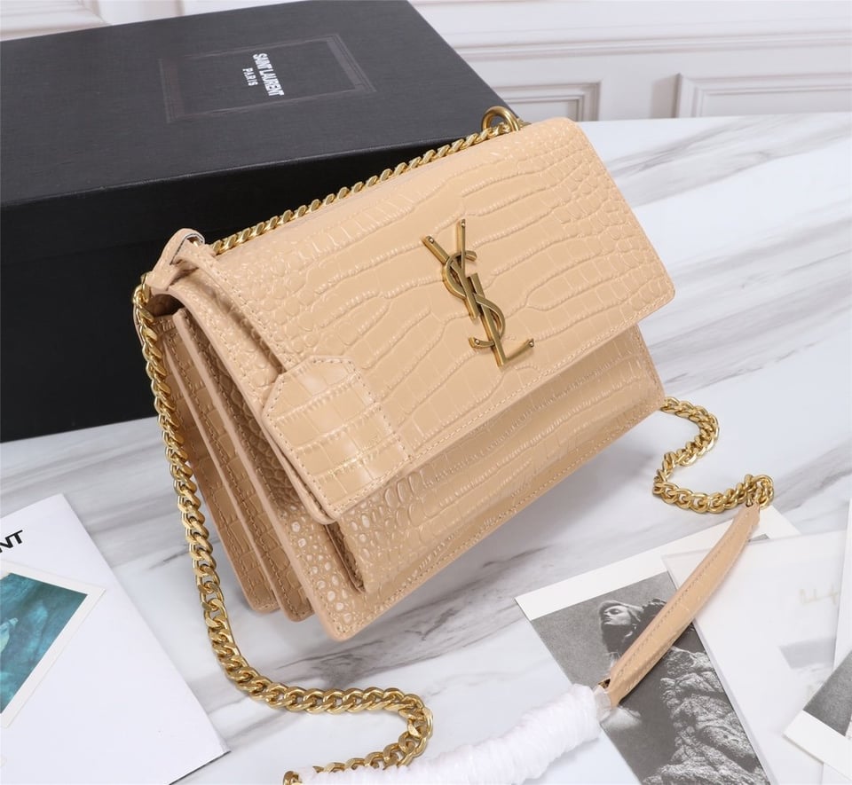 Saint Laurent Sunset Medium Chain Bag In Crocodile Embossed Shiny Apricot 22Cm view 5
