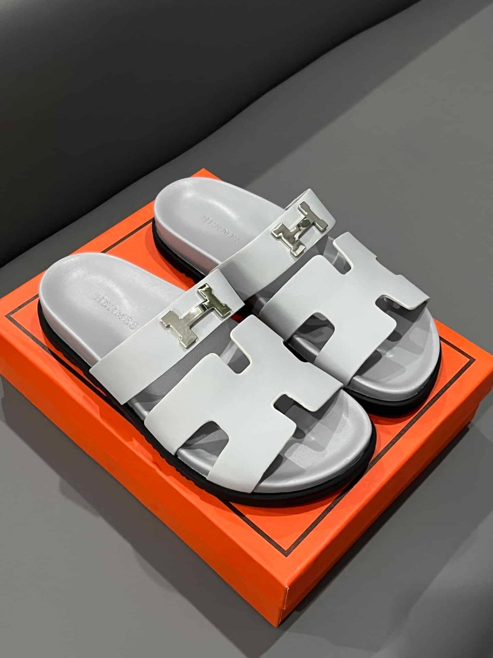 Hermes Chypre Sandal H Logo Silver Hardware Light Grey view 7
