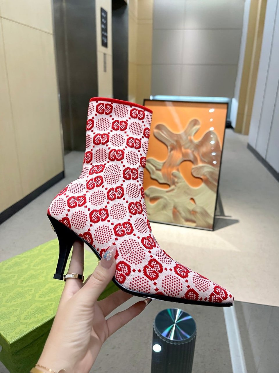 Gucci Gg 75Mm Knit Ankle Boots Red Fluorescent White Fabric 718378 Faaqp 5810 view 6