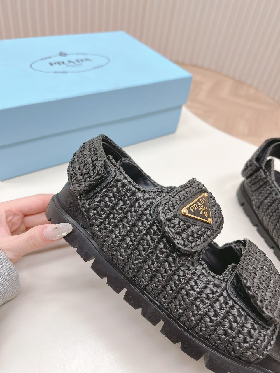 Prada Monolith Crochet Raffia Effect Sandals In Black view 4