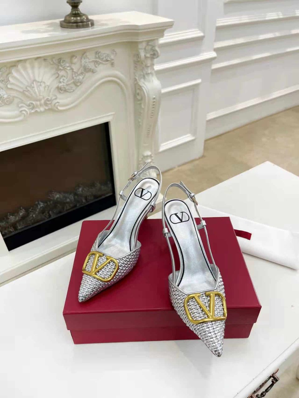 Valentino Garavani Vlogo Woven Leather Slingback Pumps Silver view 4