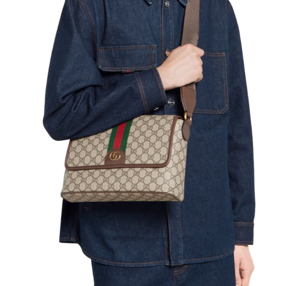 Gucci Ophidia Medium Messenger Bag 29.5cm/11.6in Beige And Dark Brown GG Monogram Coated Fabric 834467 view 2