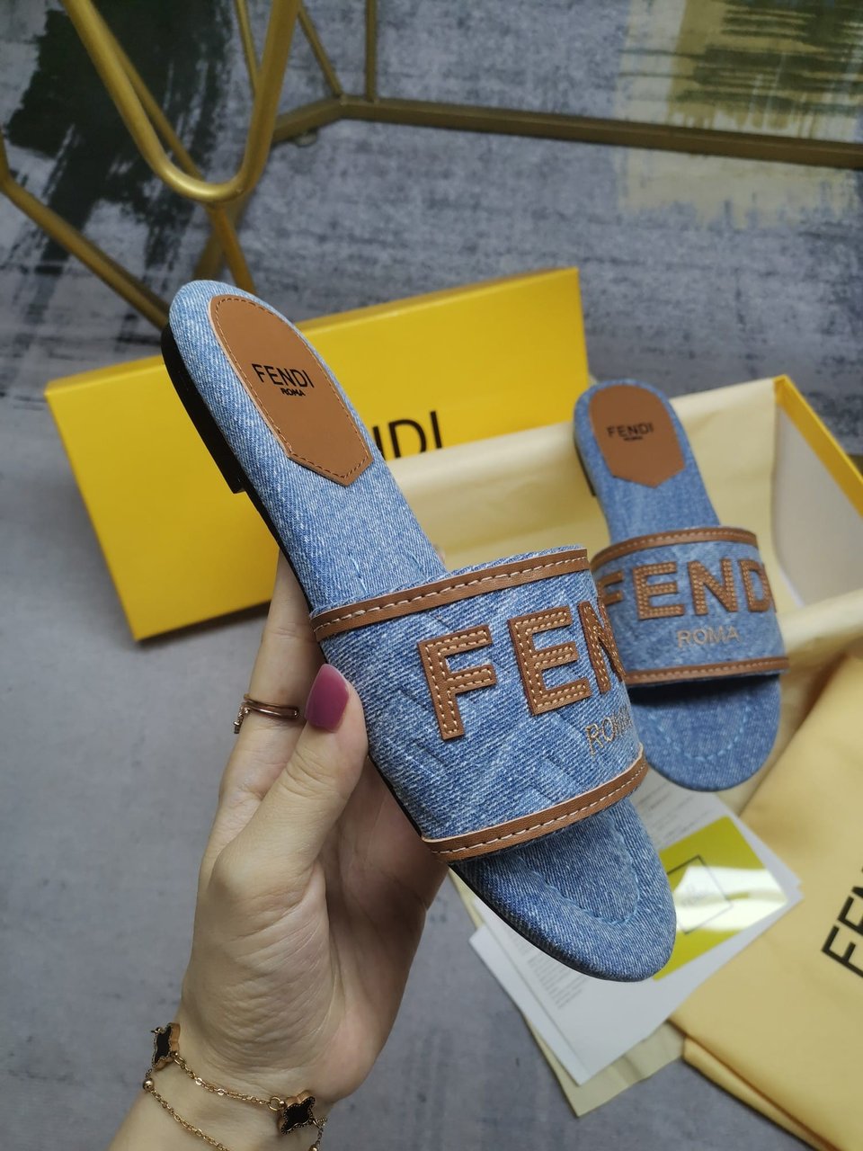 Fendi Signature Light Blue Denim Slides view 3