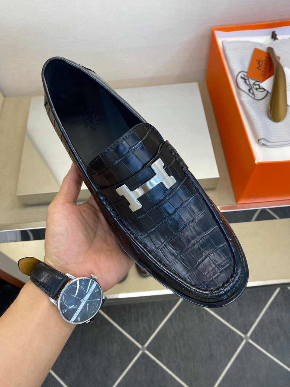 Hermès Iconic H Buckle Alligator Leather Loafers Black- Shoes for Men view 6