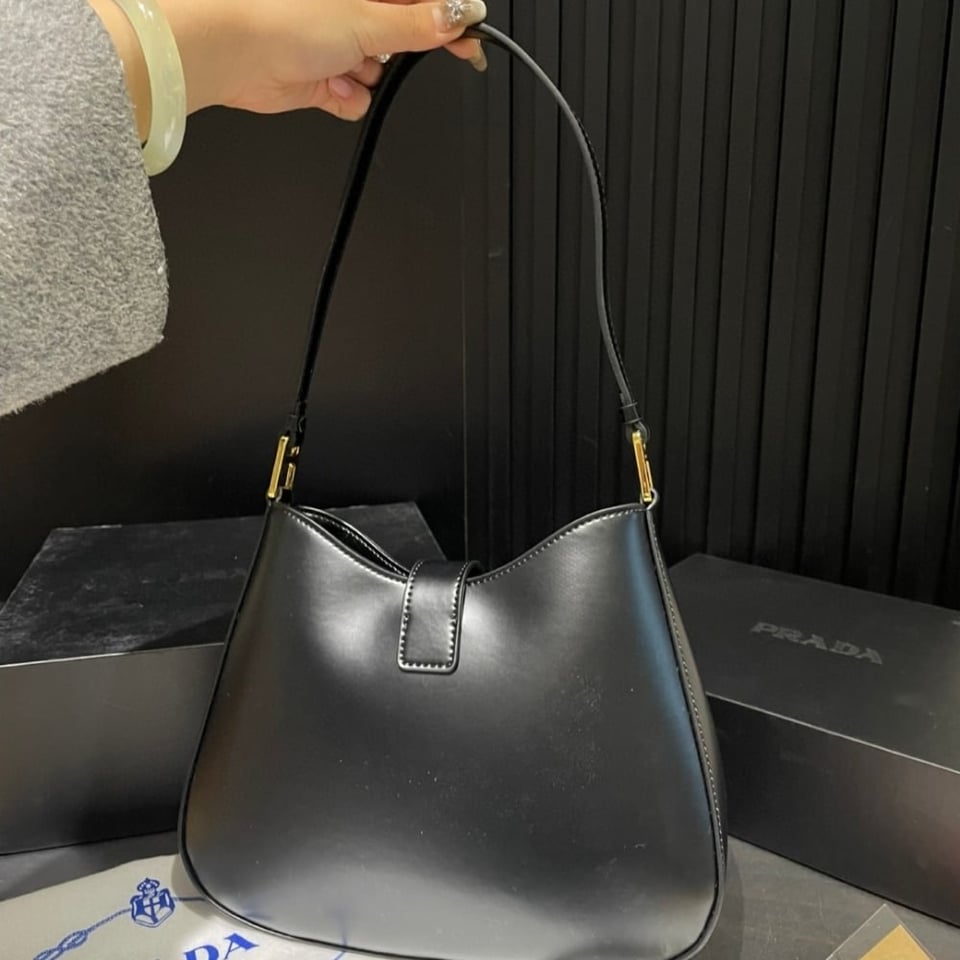 Prada Cleo Brushed Leather Shoulder Bag With Clasp Closure Black 26Cm view 11