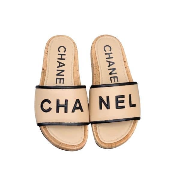 Chanel Leather Logo Cork Slide Sandals Beige view 2