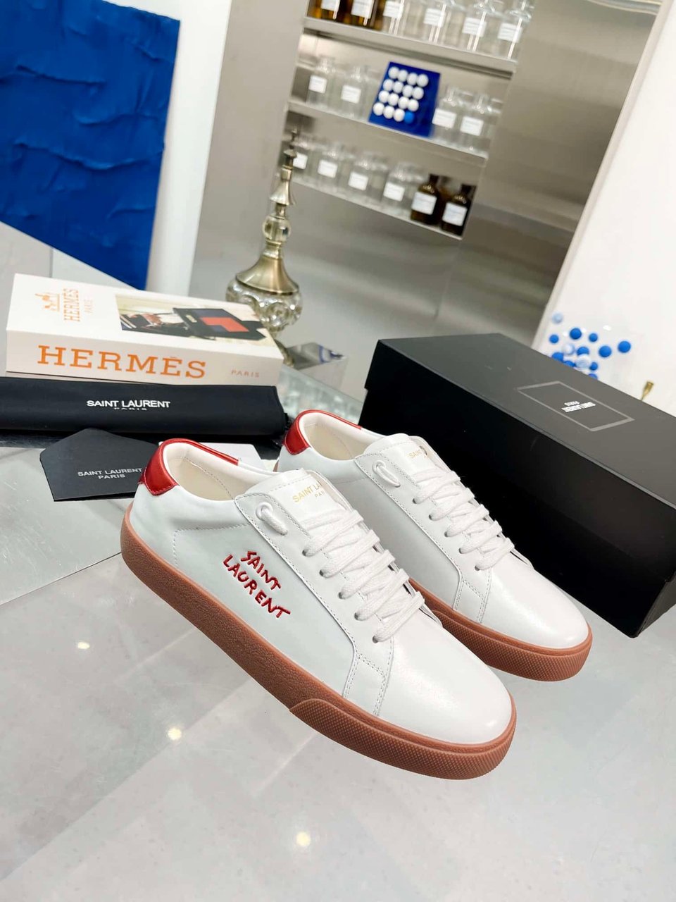 Saint Laurent Court Classic Embroidered Sneakers White And Red view 10