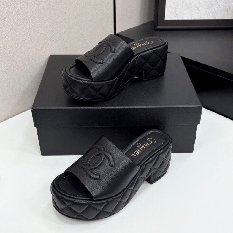 Chanel CC Embossed Logo High Heel Mules in Black Quilted Calfskin view 6