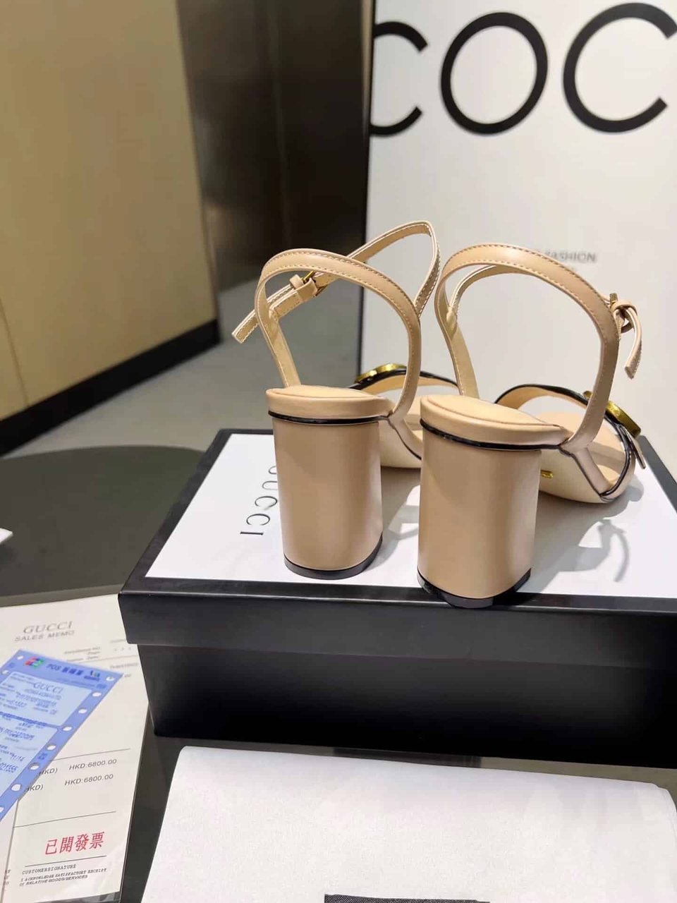Gucci Leather Mid Heel Sandal Beige view 5