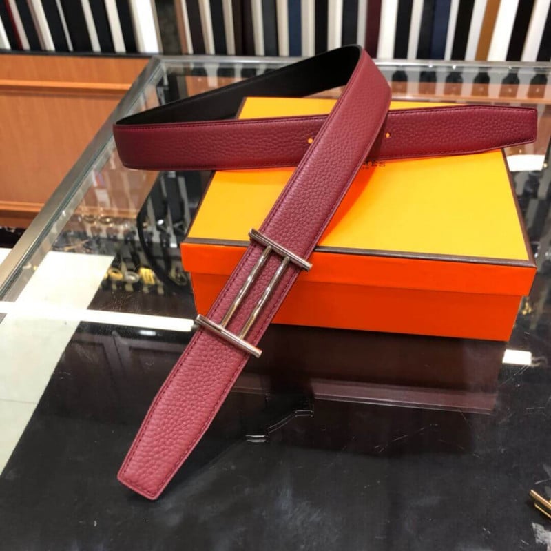 Hermes Rider Belt Buckle &amp; Reversible Leather Strap 40mm H075372 Burgundy/Black