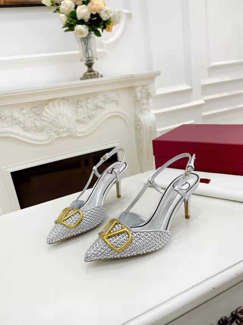 Valentino Garavani Vlogo Woven Leather Slingback Pumps Silver view 8