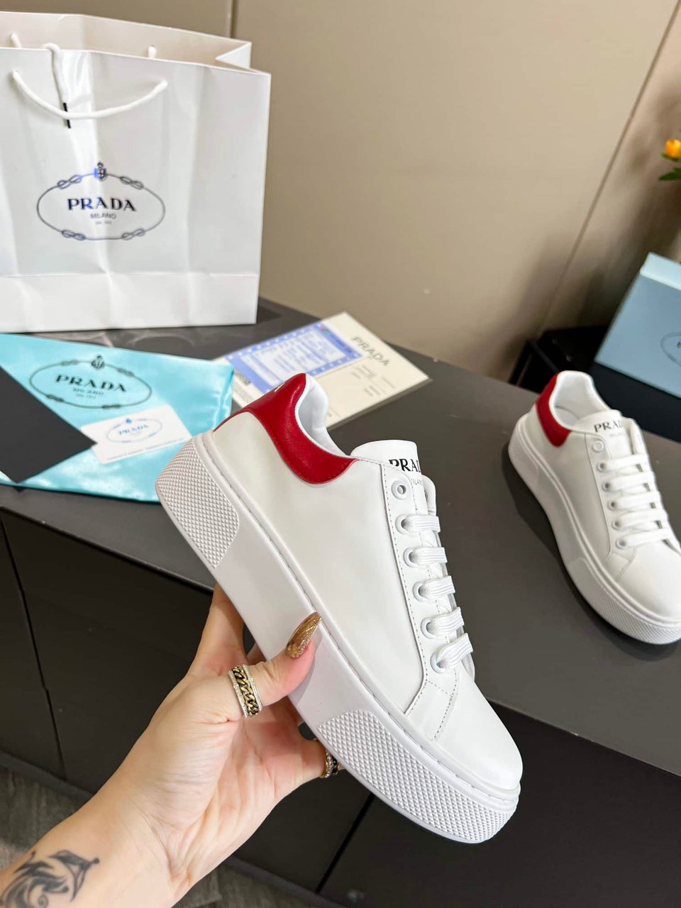 Prada Sneakers In White Leather With Red Logo view 7