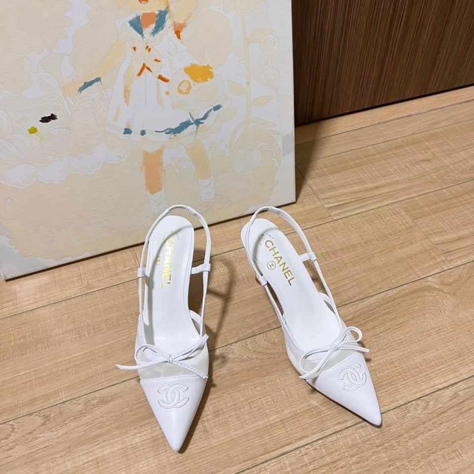 Chanel Cc Leather Pointy Toe Pumps Slingbacks Sandals White view 6