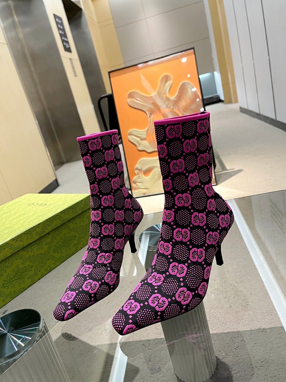 Gucci Gg 75Mm Knit Ankle Boots Black Fluorescent Pink Fabric 718378 Faaqp 8610 view 7