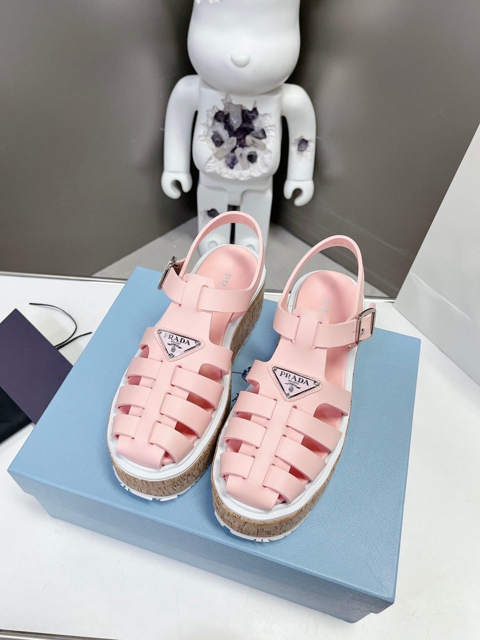 Prada Rubber Wedge Platform Sandals Light Pink view 6