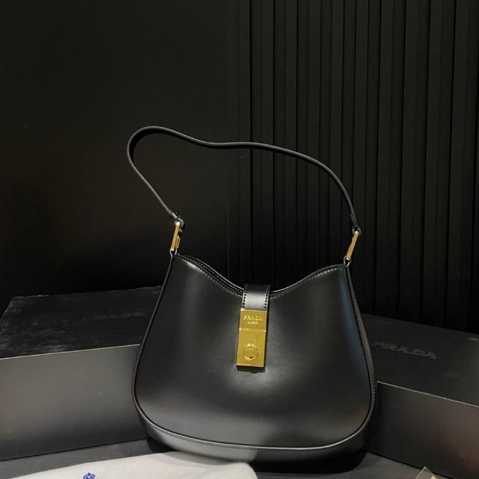 Prada Cleo Brushed Leather Shoulder Bag With Clasp Closure Black 26Cm view 3