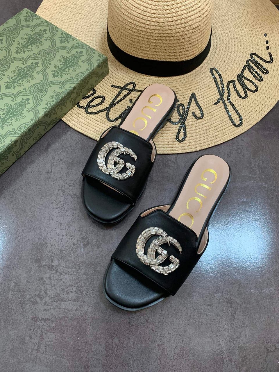 Gucci Double G Slippers Leather Beaded In Black view 7