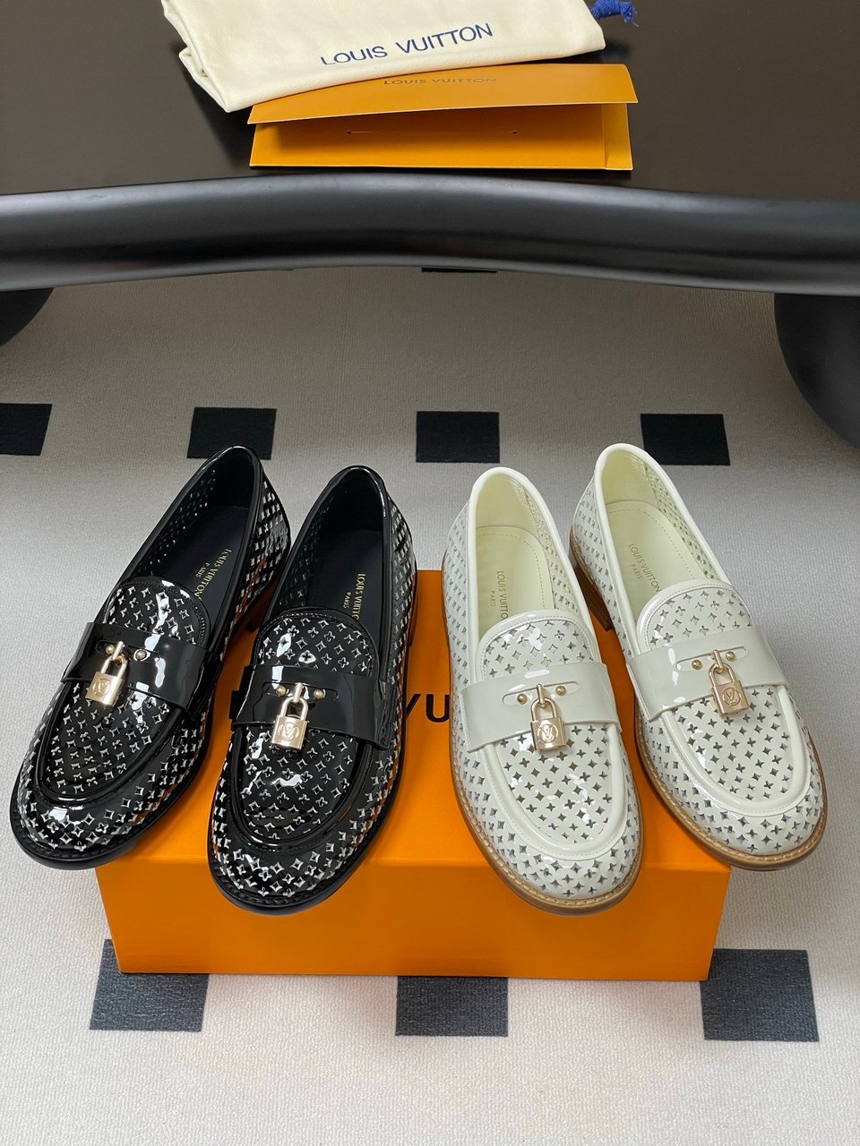 Louis Vuitton Chess Flat Loafer White Monogram Embroidered with Gold Padlock 1AGXRV view 12