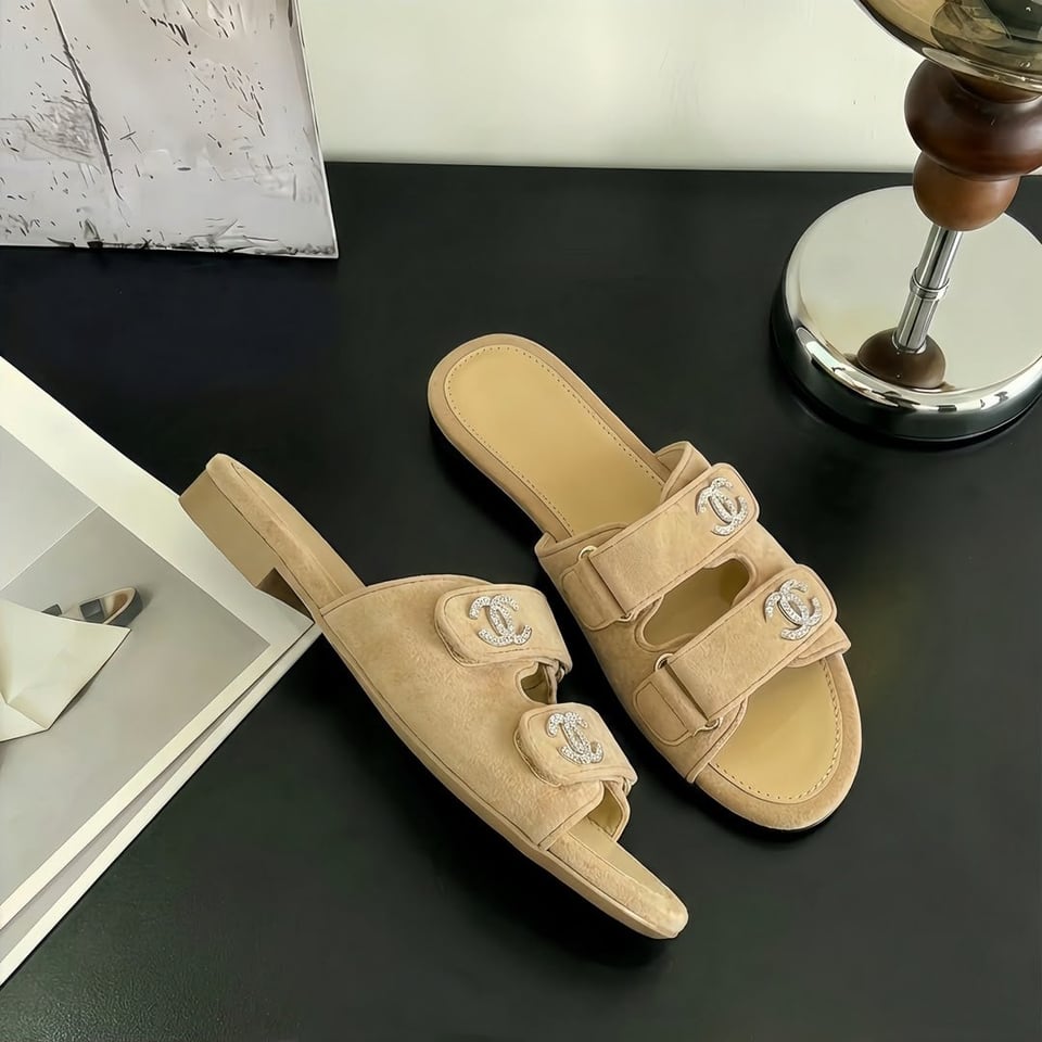 Chanel Suede Calfskin Crystal CC Double Strap Mules Beige Suede G38689 view 6