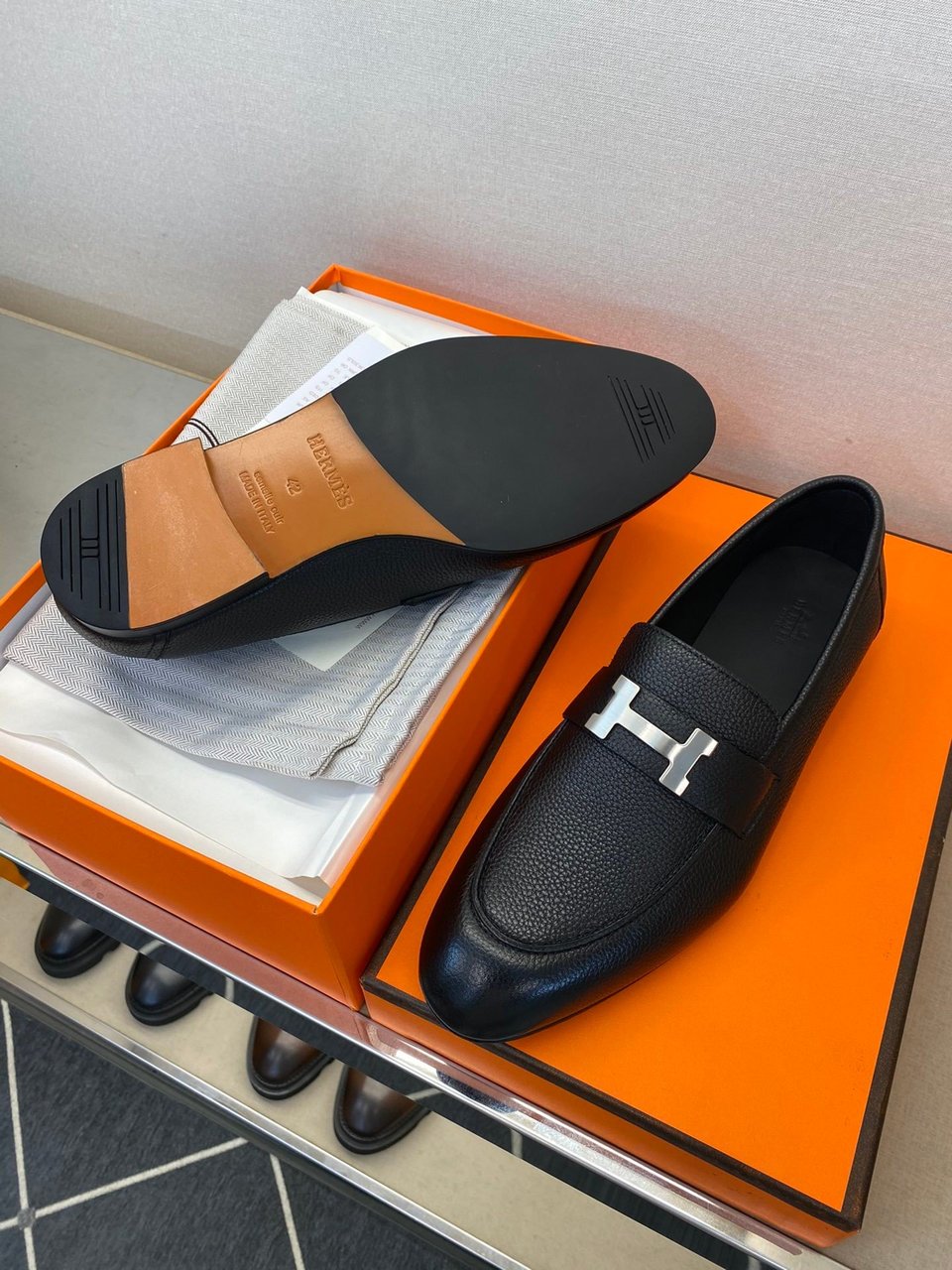Hermes H-Buckle Black Leather Loafers- Shoes for Men view 9