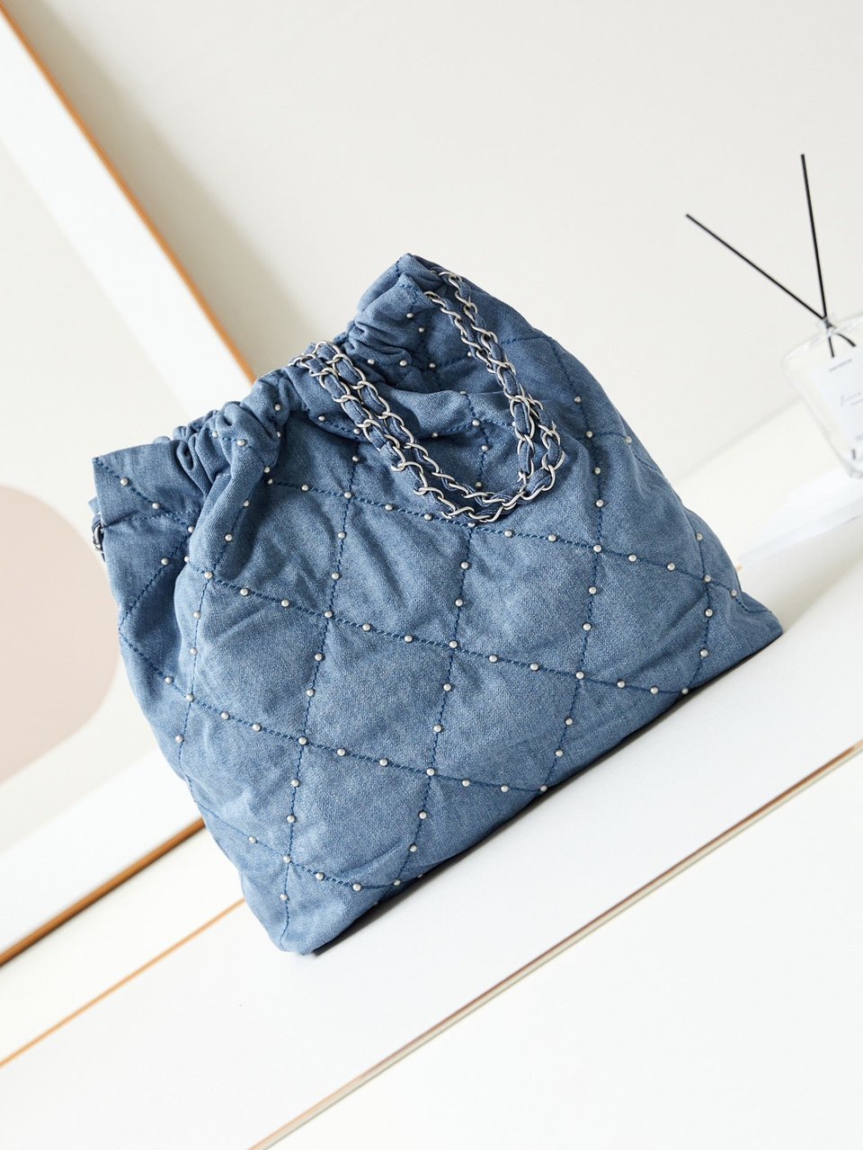 Chanel 22 Hobo Wasted Blue Denim Silver Hardware view 9
