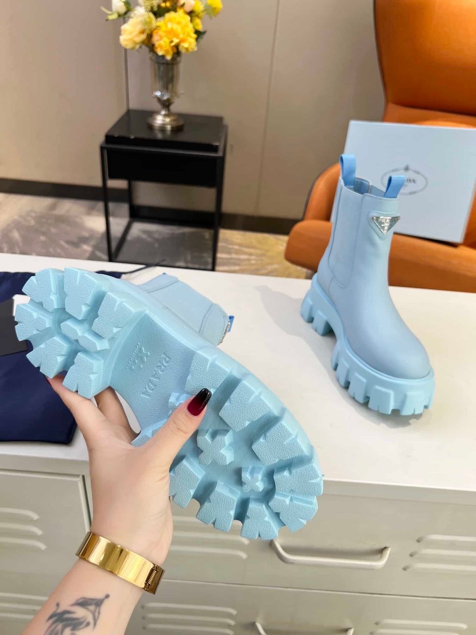Prada Monolith Brushed Leather Booties Blue view 11