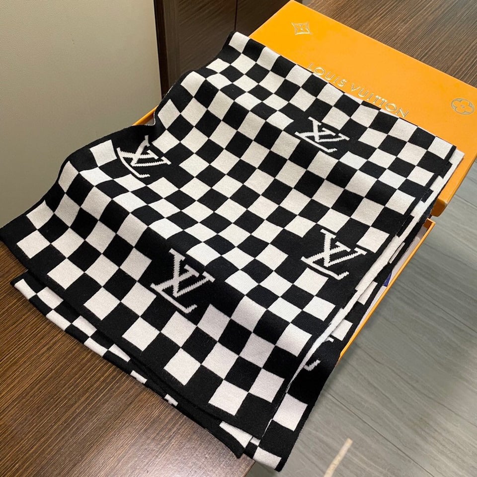 Louis Vuitton Monogram Cashmere Jacquard Scarf Black-White For Women 200cm view 4