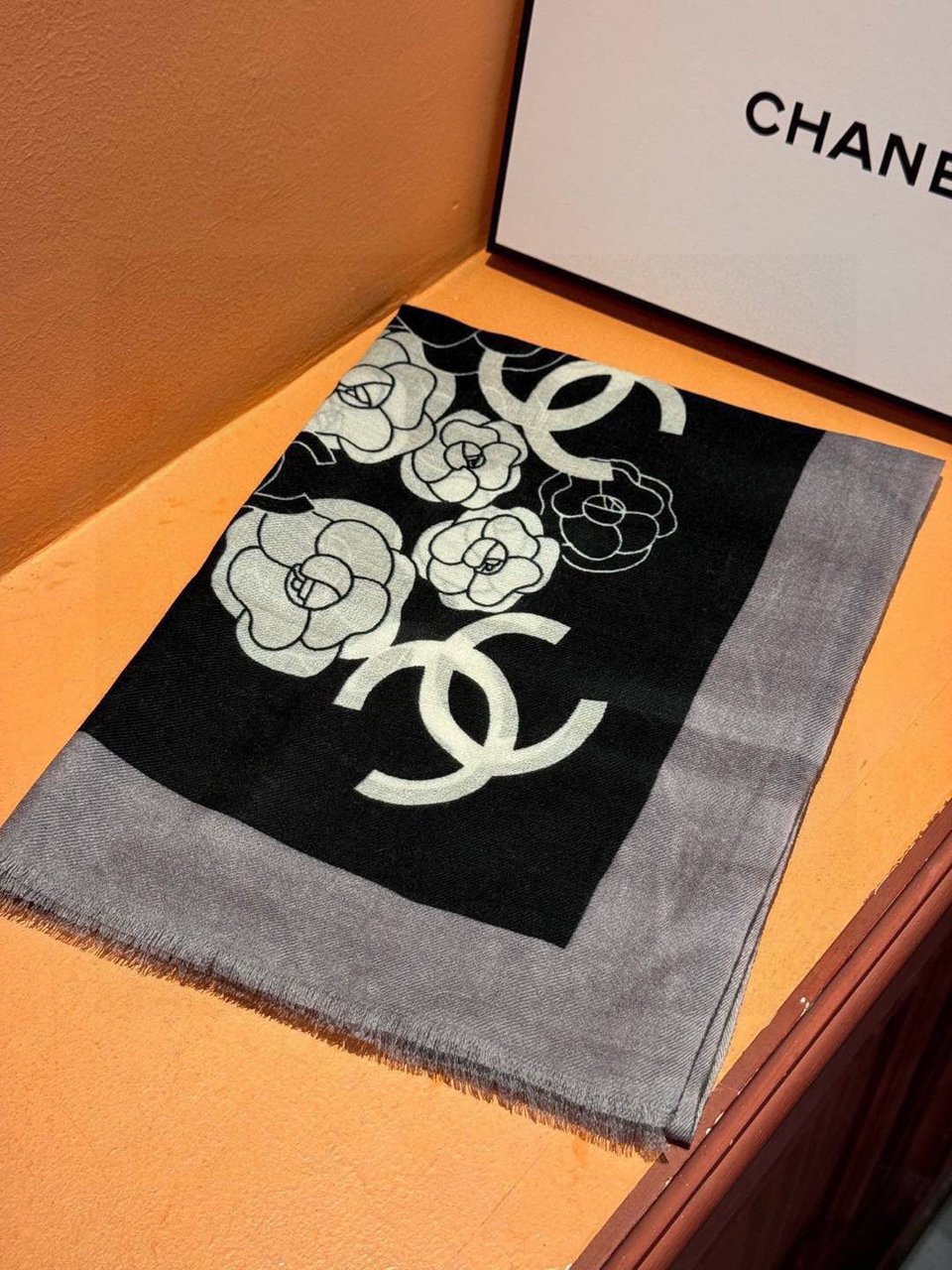 Chanel Silk Shawl Camellia Motif Black-Grey For Women 200cm