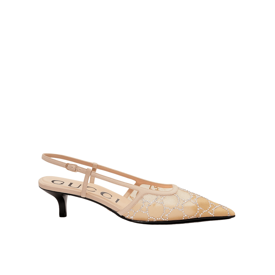 Gucci Slingback Pumps with Decorative Gems – Black Mesh Pointed Toe Heels view 2