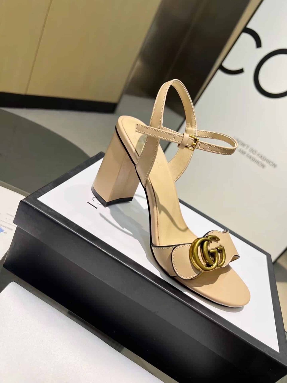 Gucci Leather Mid Heel Sandal Beige view 6