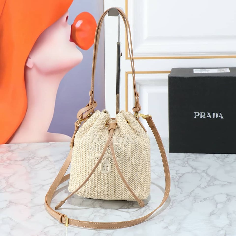 Prada Crochet And Leather Bucket Bag Natural 24Cm view 3