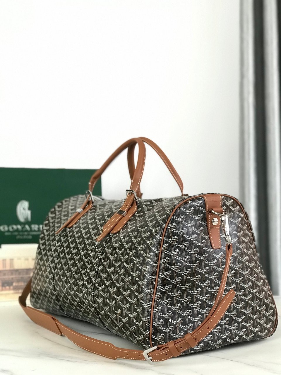 Goyard Boston 50 Bag Cm Black Goyardine Canvas And Tan Calfskin Trim view 9