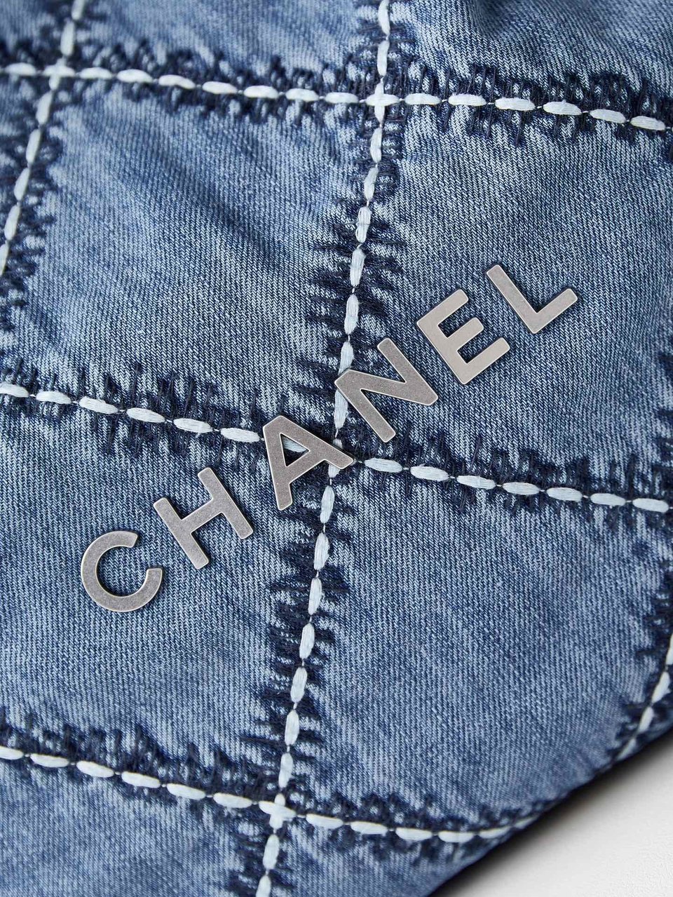 Chanel 22 Hobo Stitched Blue Denim Silver Hardware view 4