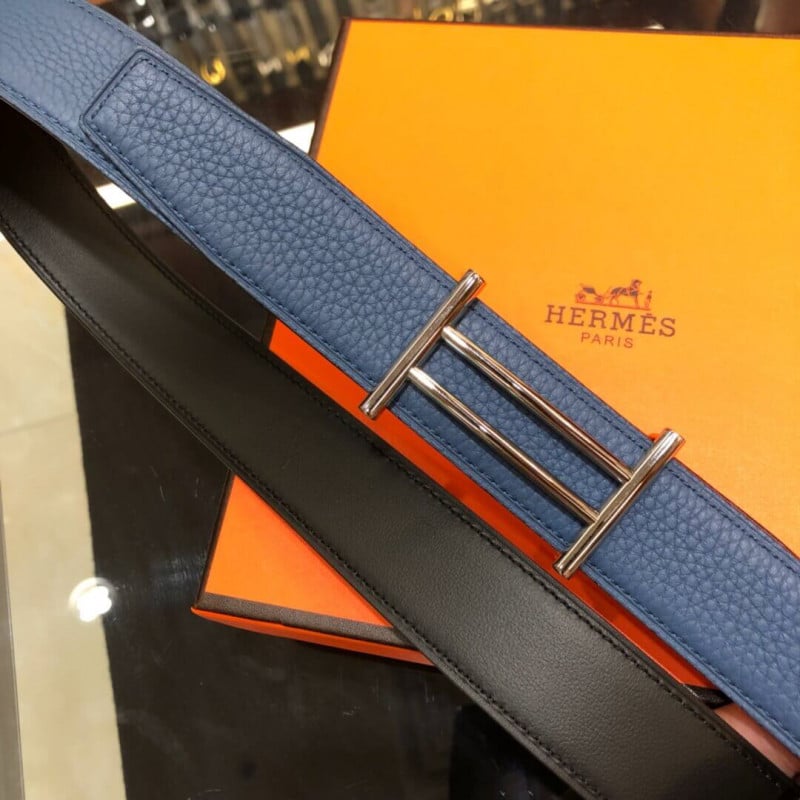 Hermes Rider Belt Buckle &amp; Reversible Leather Strap 40mm H075372 Blue/Black view 5