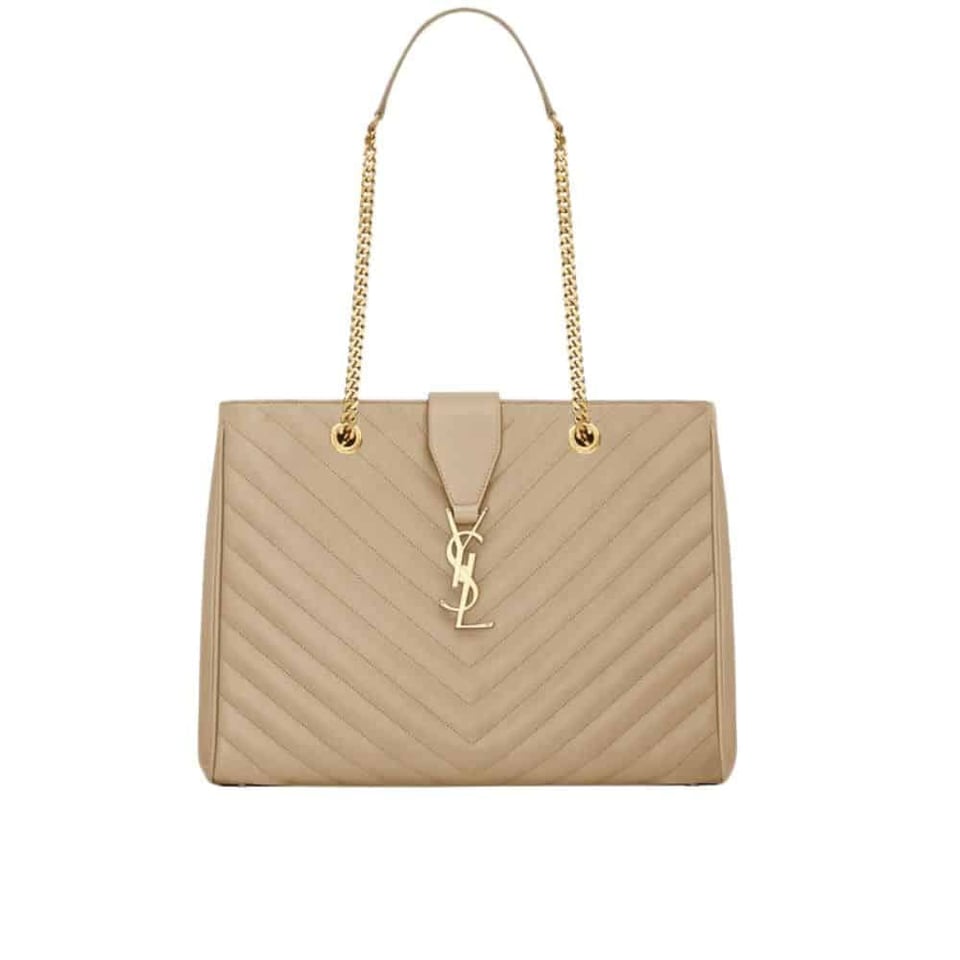 Saint Laurent Grain De Poudre Matelasse Chevron Shopping Bag Gold Hardware Beige 32Cm view 2