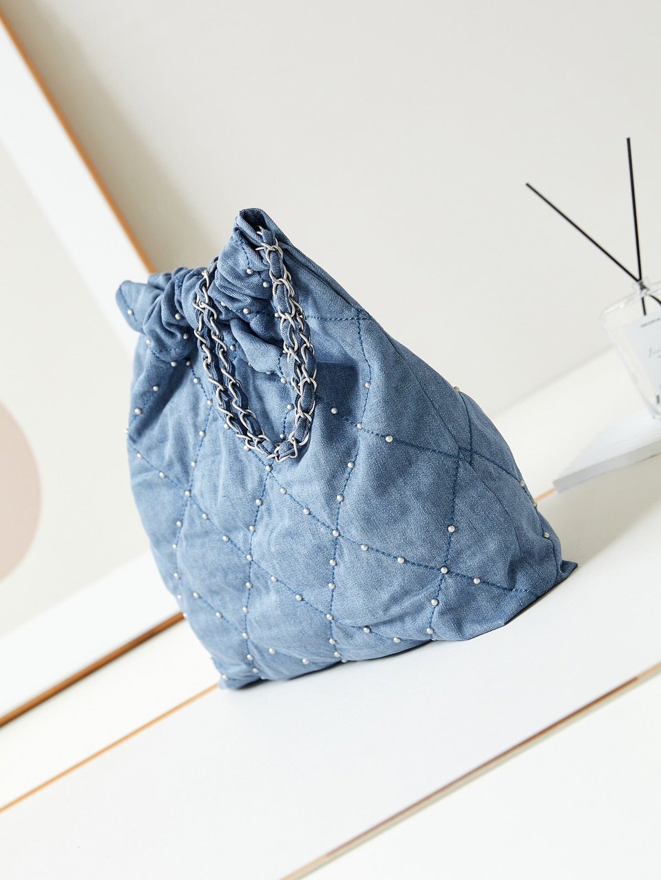 Chanel 22 Hobo Wasted Blue Denim Silver Hardware view 4