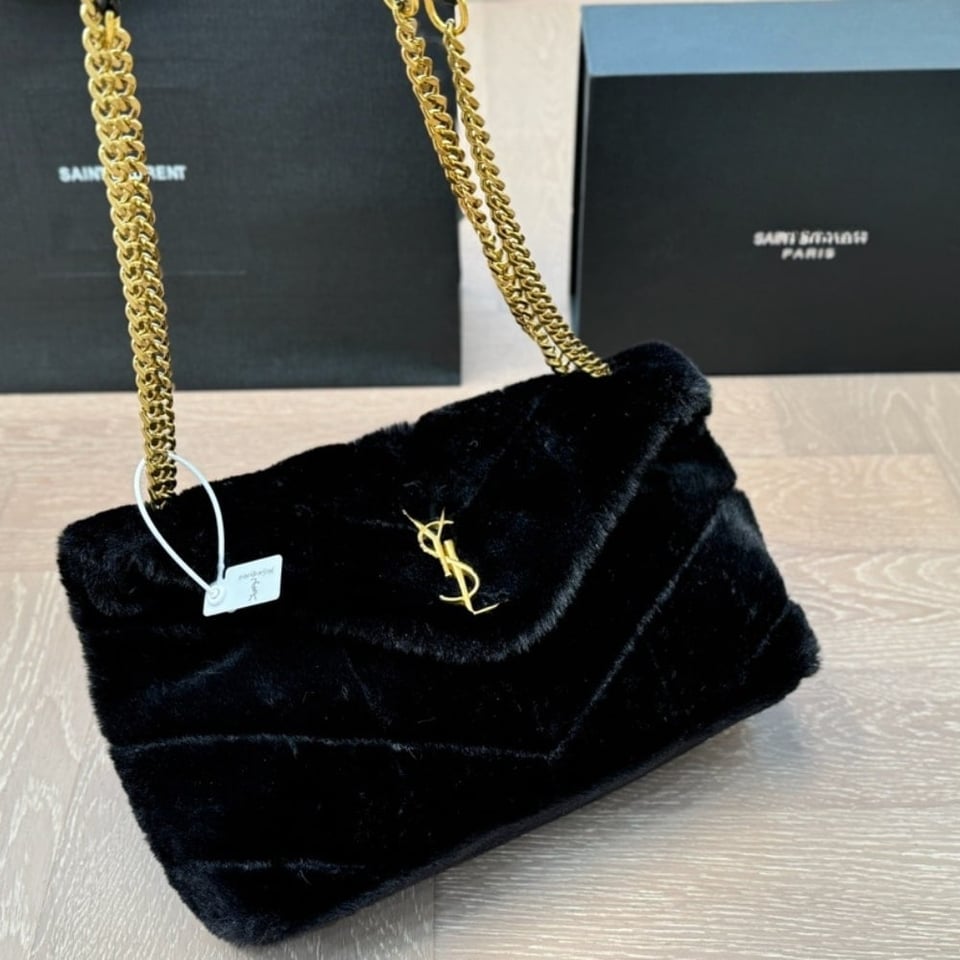 Saint Laurent Puffer Bag In Shearling Black 28Cm view 3
