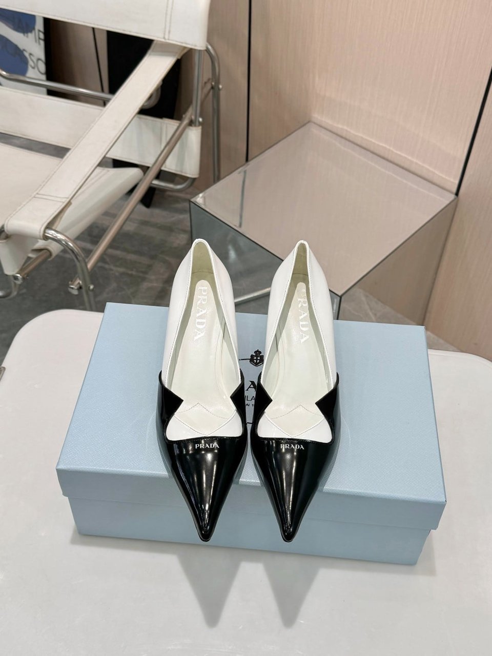 Prada Two Tone Toe Kitten Heels In Black And White view 7