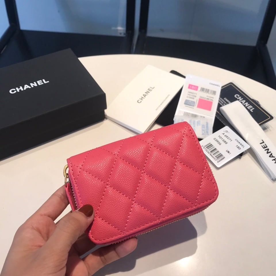 Chanel Zipped Coin Basic Purse 11 Red Pink Calfskin Gold Icon view 6